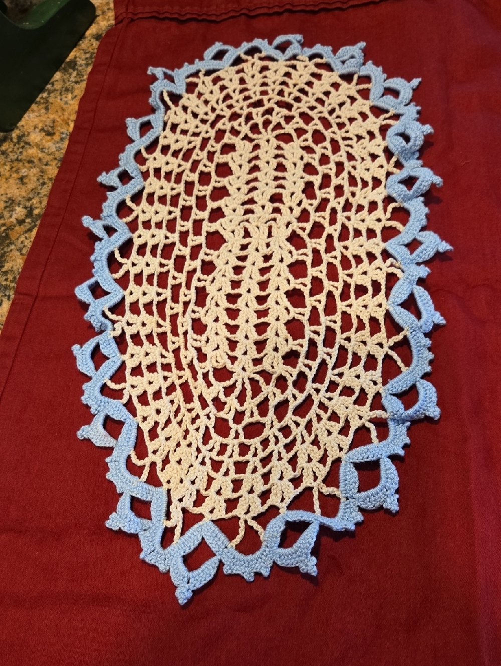 Handmade Crochet Oval Doily in Cream and Light Blue With 2 Matching Round Ones